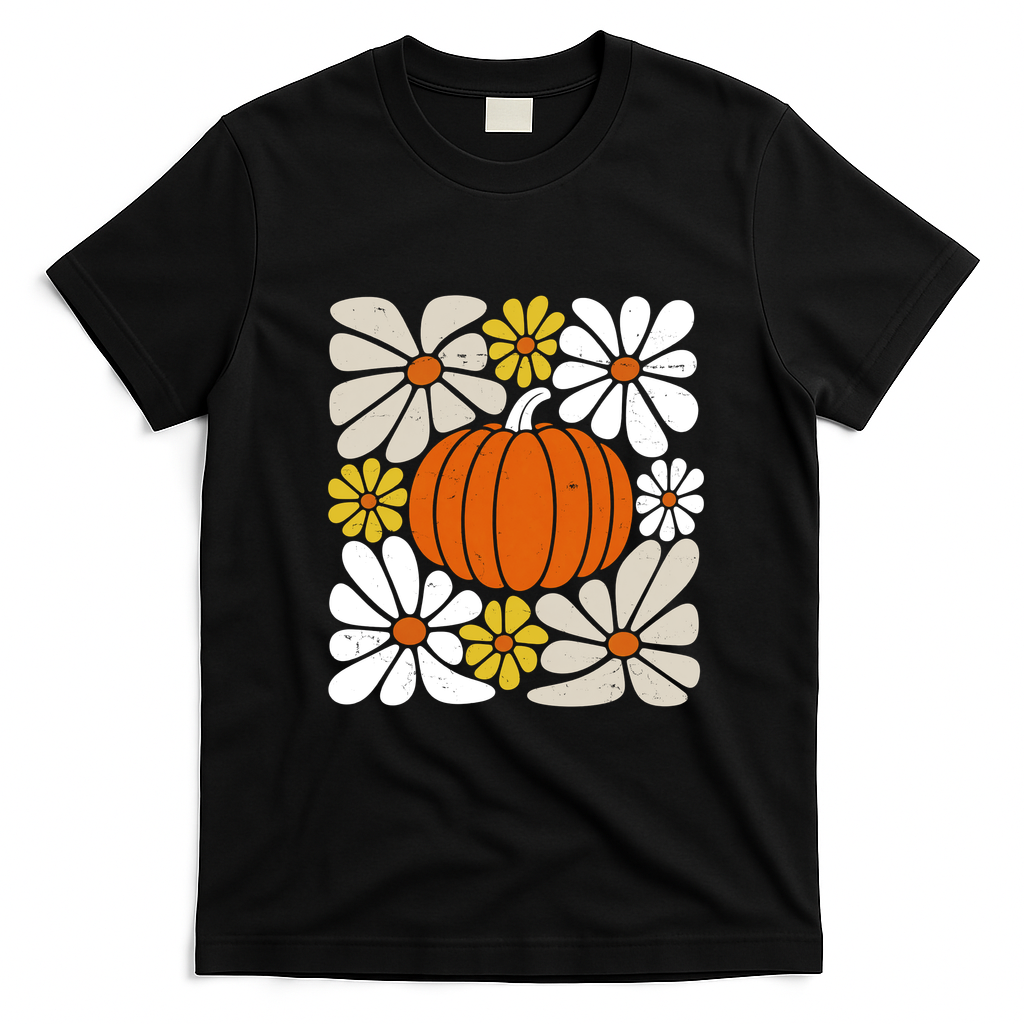 Fall Autumn Halloween Pumpkin Pattern T-Shirt - Black
