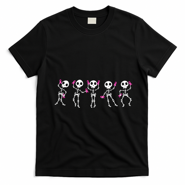 Funny Breast Cancer Awareness Dancing Halloween Skeletons T-Shirt - Black