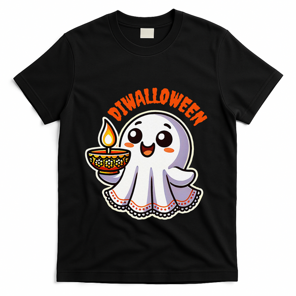 Fun Boo Ghost Lantern Diwali Deepavali Halloween Diwalloween T-Shirt - Black