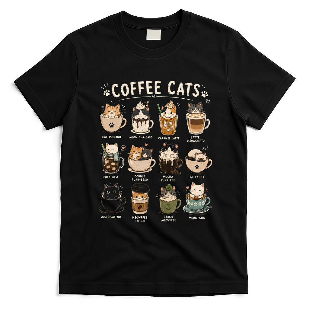 Funny Coffee Cats Cute Cat Themed Beverage T-Shirt - Black