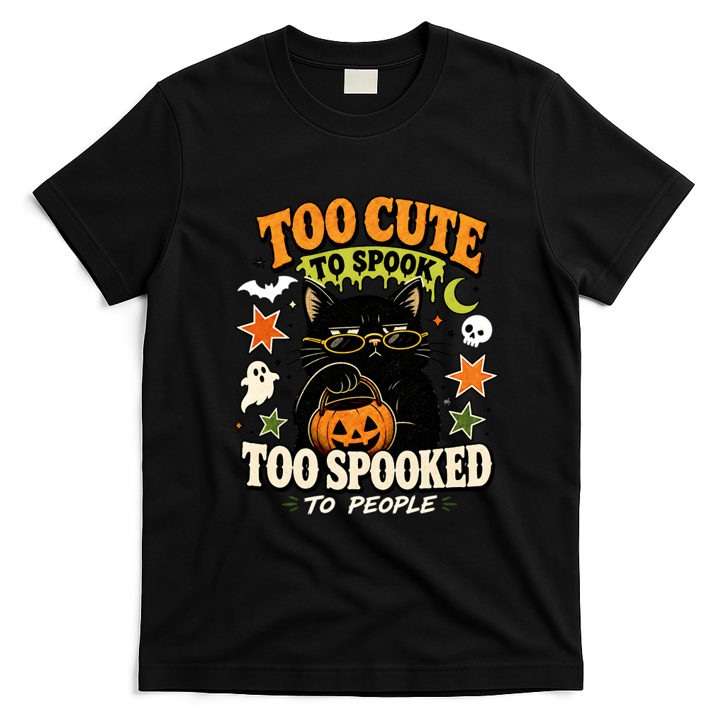 Funny Cute To Spook Too Spooked To People Halloween Cat  T-Shirt - Black