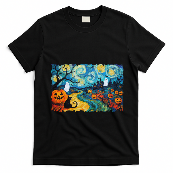 Funny Classic Van Gogh Inspired Halloween Scene T-Shirt - Black