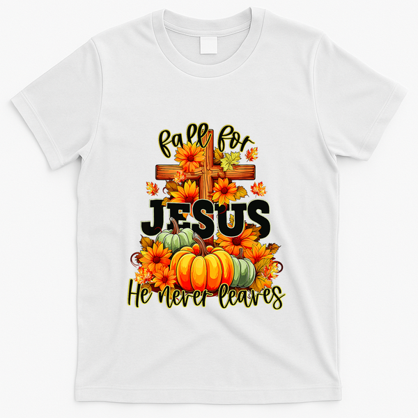 Fall For Jesus He Never Leaves Halloween Autumn Thanksgiving T-Shirt - White