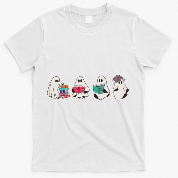 Funny Ghost Book Reading Halloween Books Lover Teacher T-Shirt - White