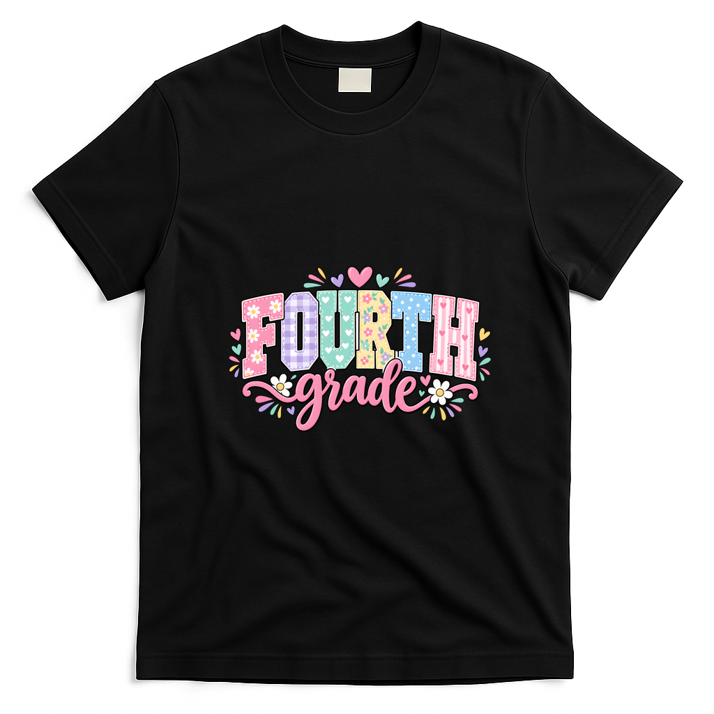 Fourth Grade Fun Colorful Floral Back To School T-Shirt - Black