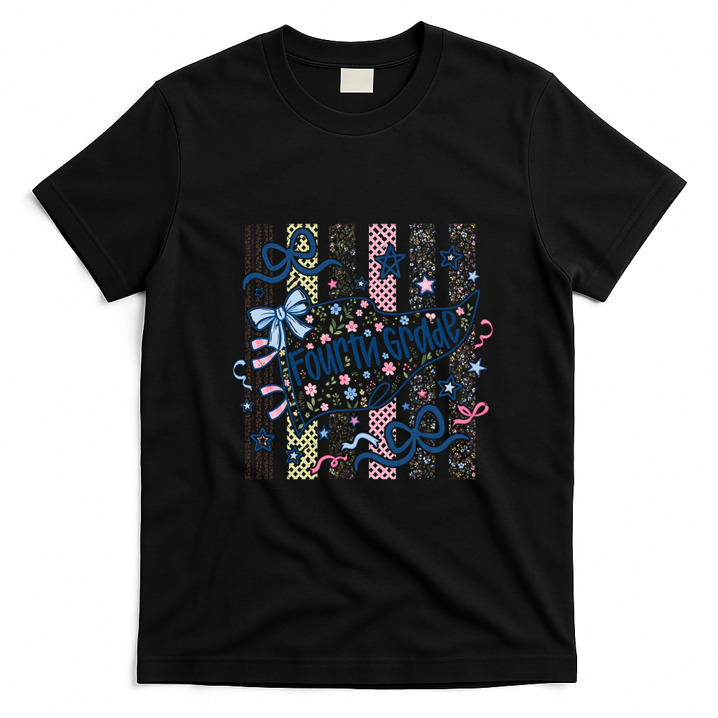 Fourth Grade Floral Print Fun Back To School Vintage Retro T-Shirt - Black