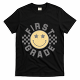 First Grade Star Smile Checker Back To School Retro T-Shirt - Black