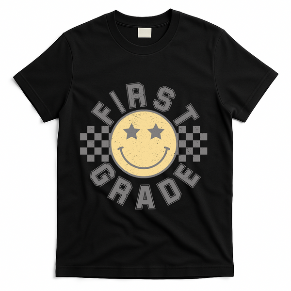 First Grade Star Smile Checker Back To School Retro T-Shirt - Black