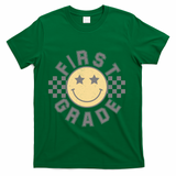 First Grade Star Smile Checker Back To School Retro T-Shirt - Green