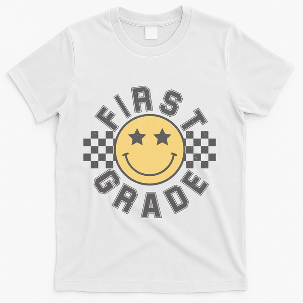 First Grade Star Smile Checker Back To School Retro T-Shirt - White