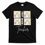 First Grade Teacher Checkered Grid Coquette Bow T-Shirt - Black