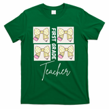 First Grade Teacher Checkered Grid Coquette Bow T-Shirt - Green