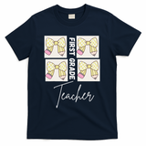 First Grade Teacher Checkered Grid Coquette Bow T-Shirt - Navy