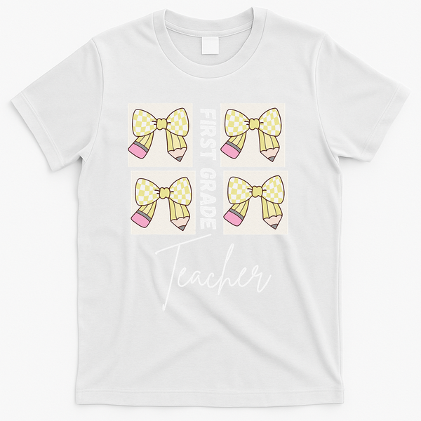First Grade Teacher Checkered Grid Coquette Bow T-Shirt - White
