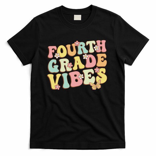 Fourth Grade Vibes Hello Team 4th Grade Teacher Retro T-Shirt - Black