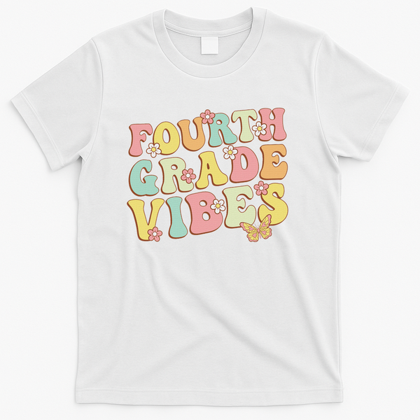 Fourth Grade Vibes Hello Team 4th Grade Teacher Retro T-Shirt - White