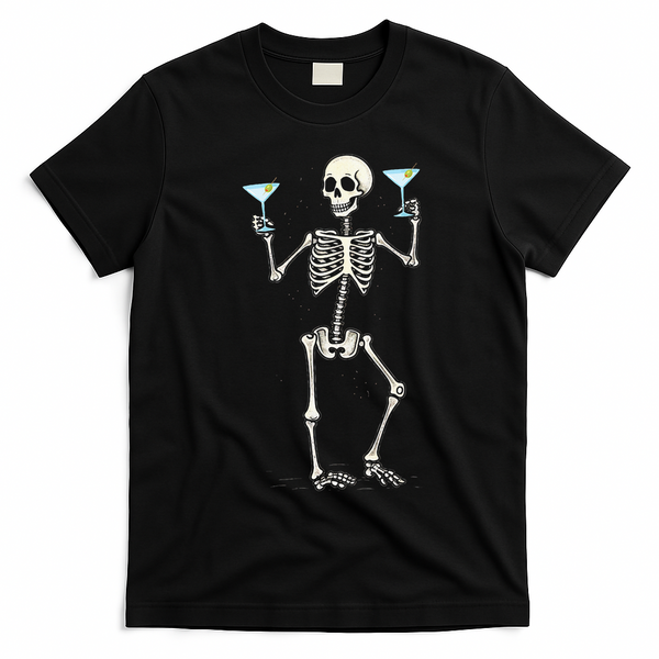 Funny Halloween Skeleton Drinking Martini Cocktail T-Shirt - Black