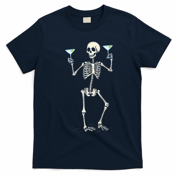 Funny Halloween Skeleton Drinking Martini Cocktail T-Shirt - Navy Blue