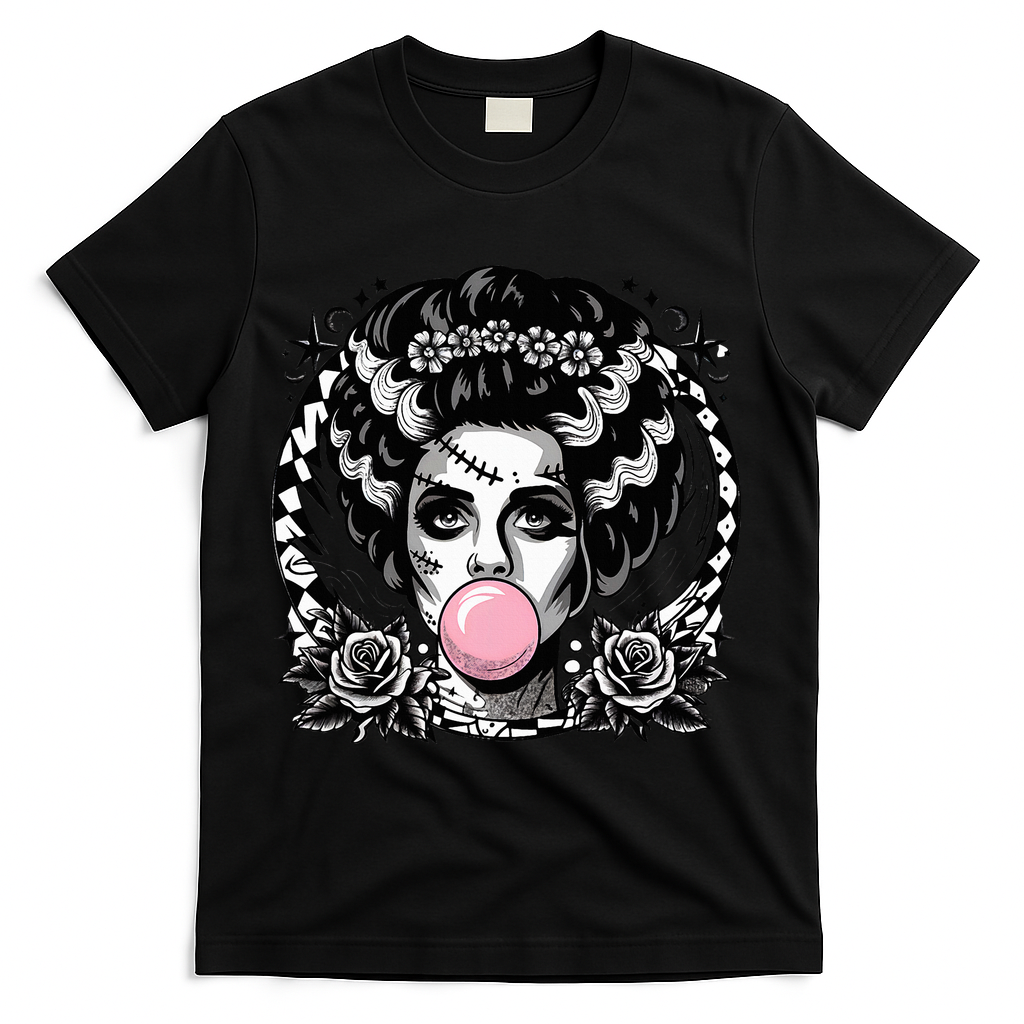 Frankenstein Monster And Bride B.U.B.B.L.E G.U.M Funny Halloween T-Shirt - Black