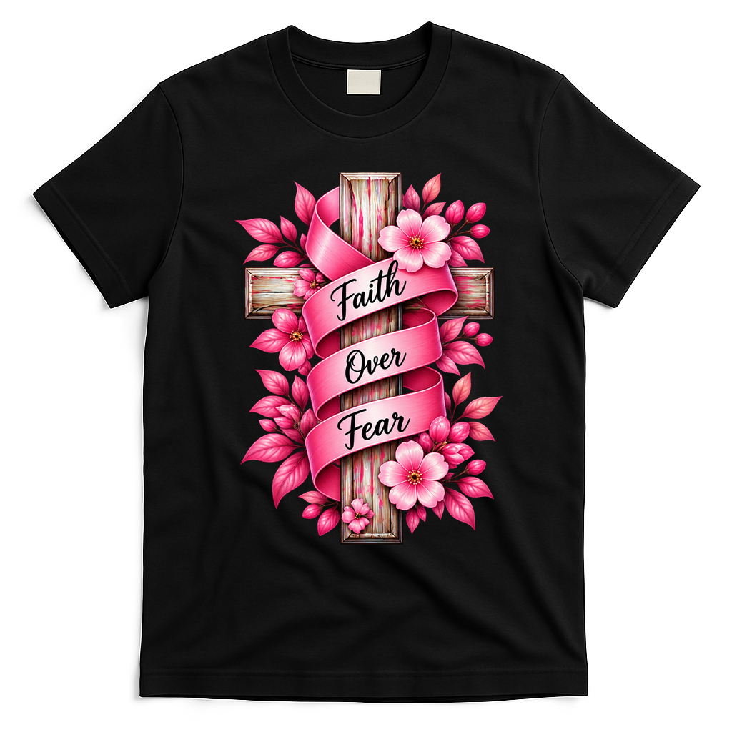 Faith Over Fear Inspirational Cross Breast Cancer Awareness T-Shirt - Black