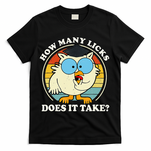 Funny Owl How Many Licks Does It Take Retro Vintage T-Shirt - Black