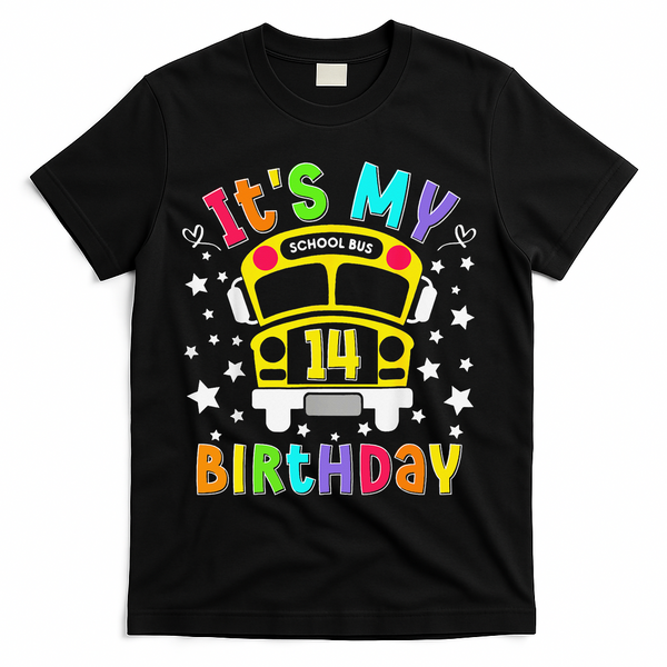 Funny School 14th Birthday Party School Bus Teacher Student T-Shirt - Black
