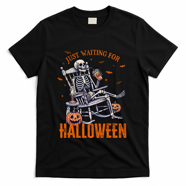 Funny Skeleton Christmas Design Just Waiting For Halloween T-Shirt - Black