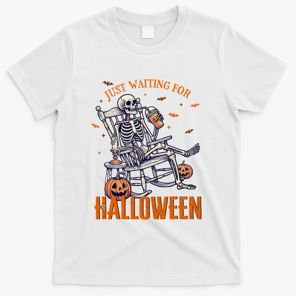 Funny Skeleton Christmas Design Just Waiting For Halloween T-Shirt - White