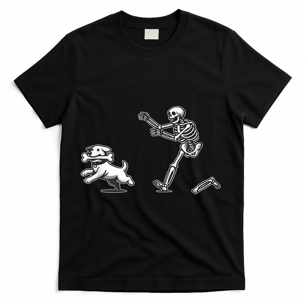Funny Skeleton Halloween Dog Skeleton Chasing Dog Gift T-Shirt - Black