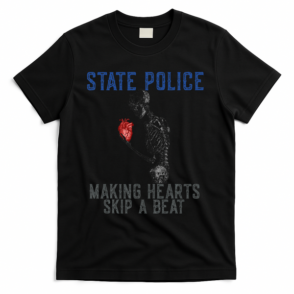Funny State Police Making Hearts Skip Beat Skeleton Design T-Shirt - Black