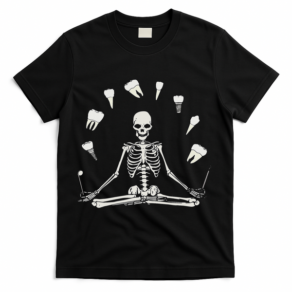 Funny Skeleton Yoga Dental Hygienist Tooth Dentist Halloween T-Shirt - Black