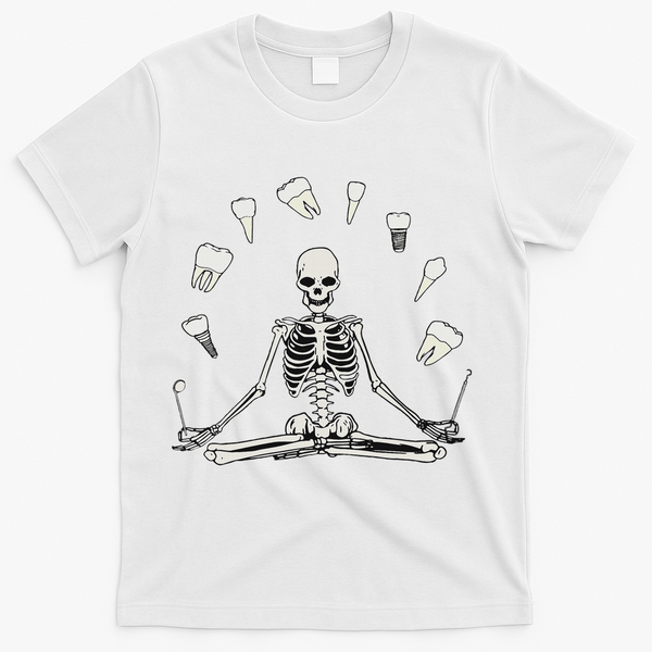 Funny Skeleton Yoga Dental Hygienist Tooth Dentist Halloween T-Shirt - White