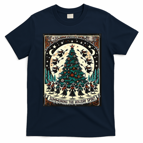 Funny Witches Summoning The Holiday Spirit Spooky Christmas T-Shirt - Navy Blue