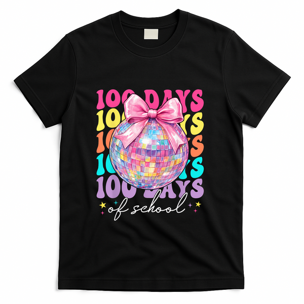 Groovy 100 Days Of School Disco Coquette Bow Teacher T-Shirt - Black