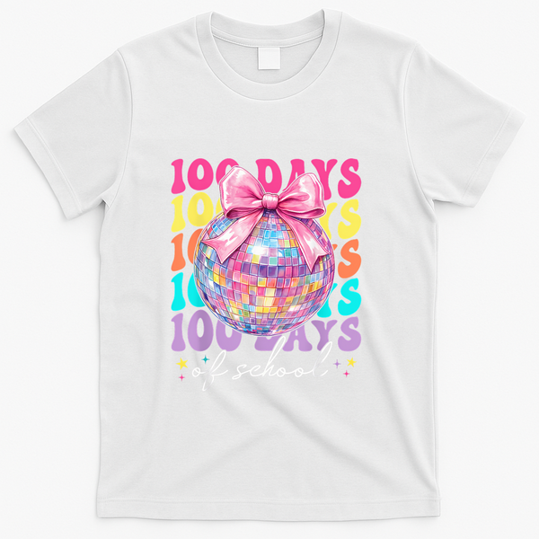Groovy 100 Days Of School Disco Coquette Bow Teacher T-Shirt - White