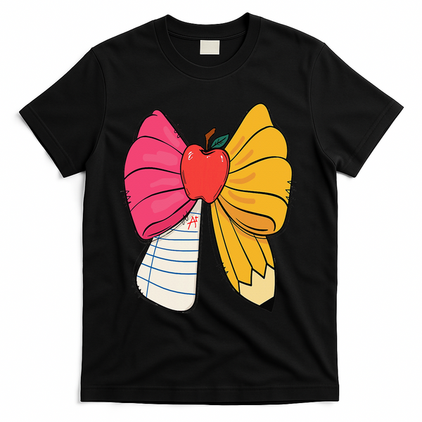 Girly Coquette Bow Pencil Teacher Student Back To School T-Shirt - Black