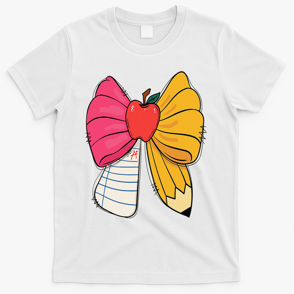 Girly Coquette Bow Pencil Teacher Student Back To School T-Shirt - White