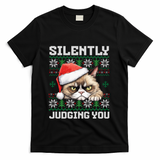 Grumpy Christmas Cat Ugly Silently Judging You Cat Gift T-Shirt - Black