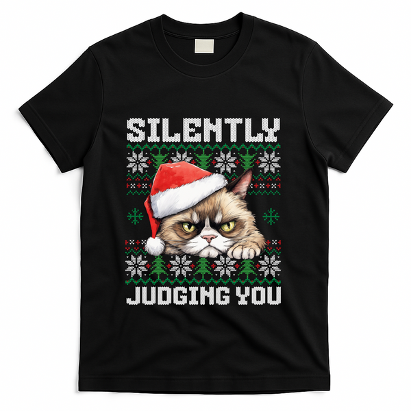 Grumpy Christmas Cat Ugly Silently Judging You Cat Gift T-Shirt - Black