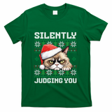 Grumpy Christmas Cat Ugly Silently Judging You Cat Gift T-Shirt - Green