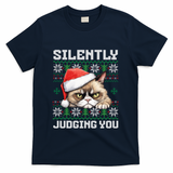 Grumpy Christmas Cat Ugly Silently Judging You Cat Gift T-Shirt - Navy