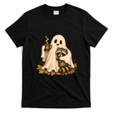 Ghost Hugging Raccoon Coffee Cup Cute Halloween T-Shirt - Black