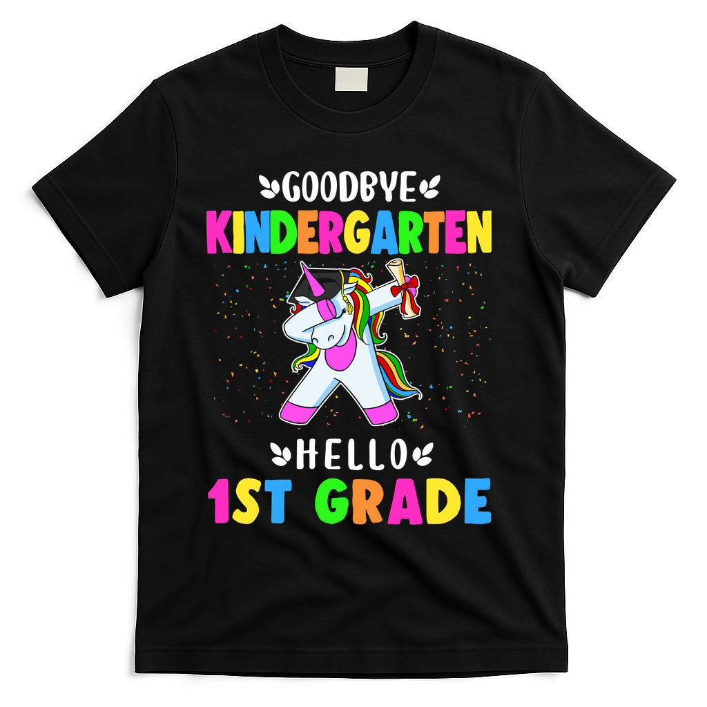 Goodbye Kindergarten Hello First Grade Unicorn Girl T-Shirt - Black