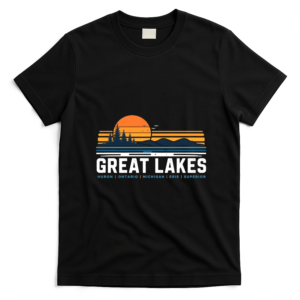 Great Lakes Sunset Retro Lake Michigan Ontario T-Shirt - Black