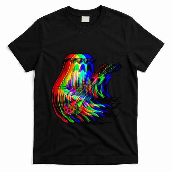 Ghost Trippy Vaporwave Electric Guitar Halloween Rock Music T-Shirt - Black