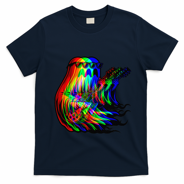 Ghost Trippy Vaporwave Electric Guitar Halloween Rock Music T-Shirt - Navy Blue