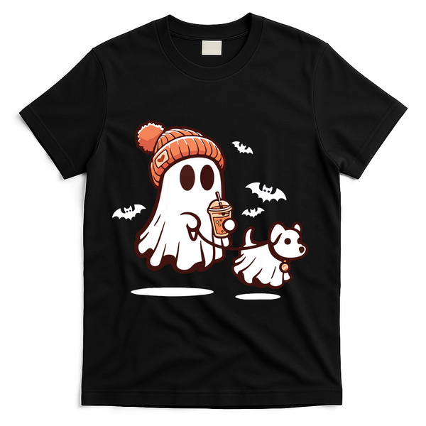 Ghost With Walking Dog Halloween T-Shirt - Black