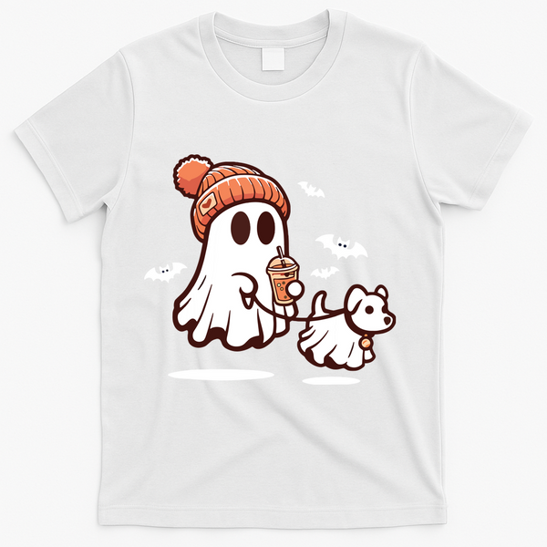 Ghost With Walking Dog Halloween T-Shirt - White