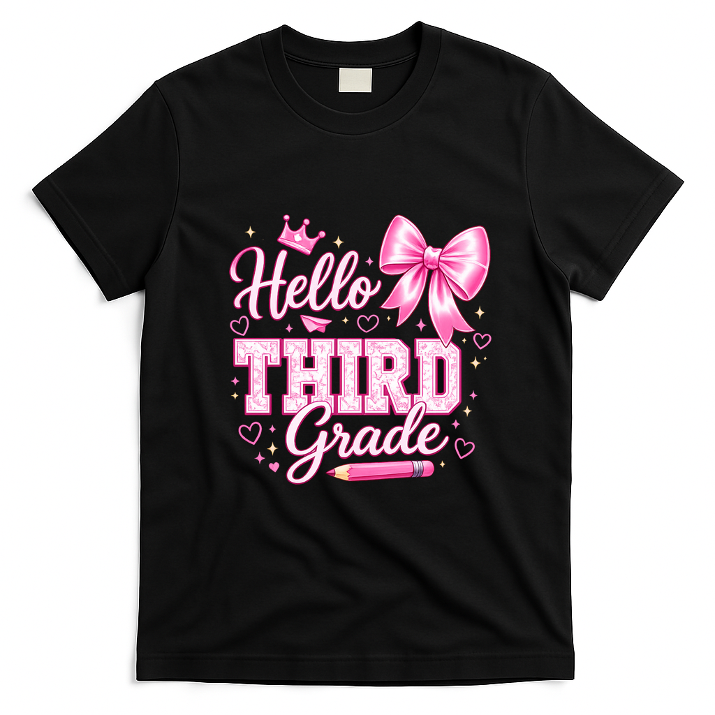 Hello 3rd Grade Girls Teacher Coquette Bow Back To School T-Shirt - Black