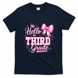 Hello 3rd Grade Girls Teacher Coquette Bow Back To School T-Shirt - Navy Blue
